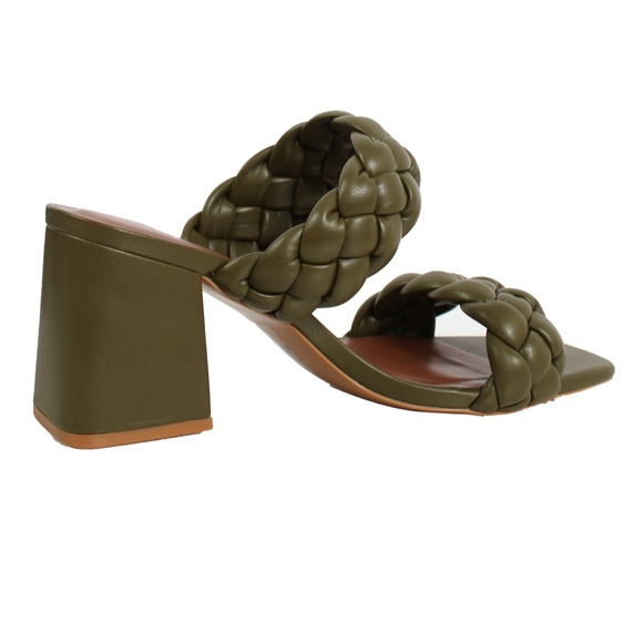 Olive Braided Open Toe Double Strap Heels - Picture 3 of 6
